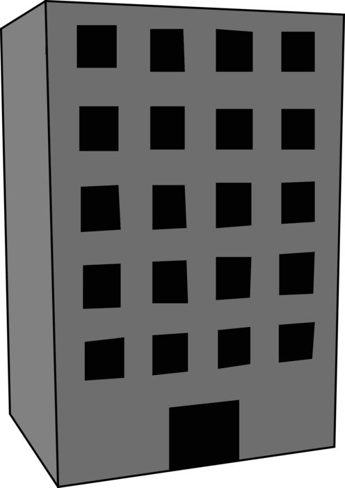 grey five-storey building, primitive illustration