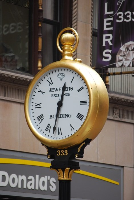 vintage golden street clock on pole