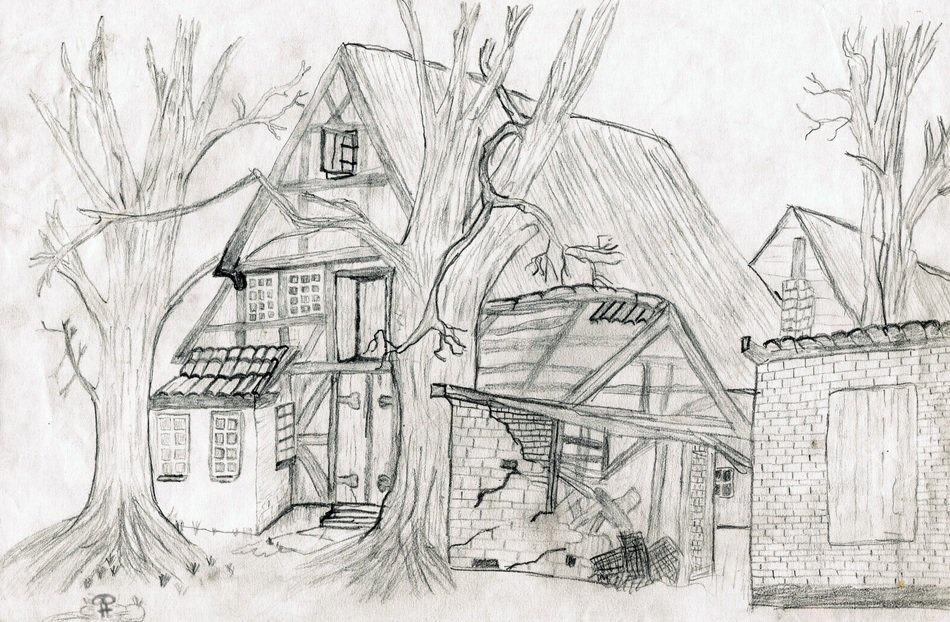 old village house, pencil drawing