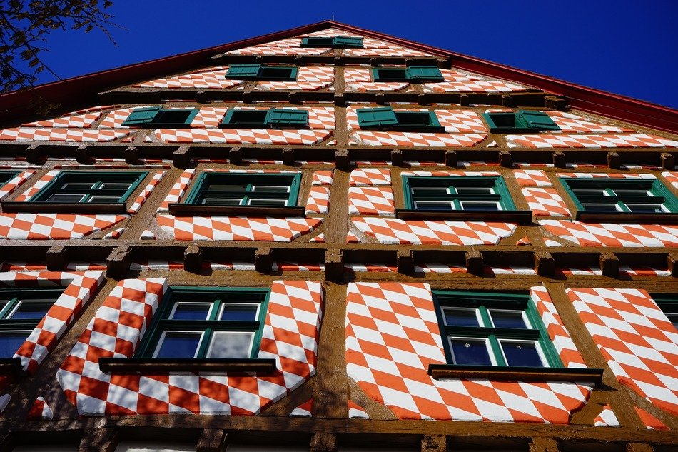 Beautiful building facade with the white and red pattern