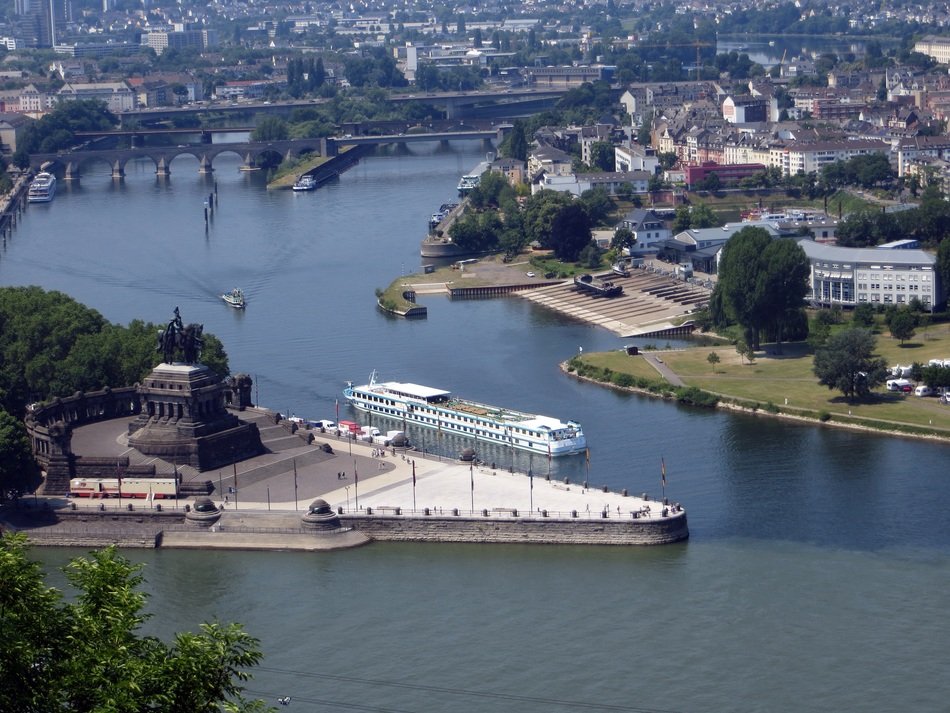 cityscape with kaiser wilhelm monument at corner by the Rhine and Mosel Rivers, germany, koblenz