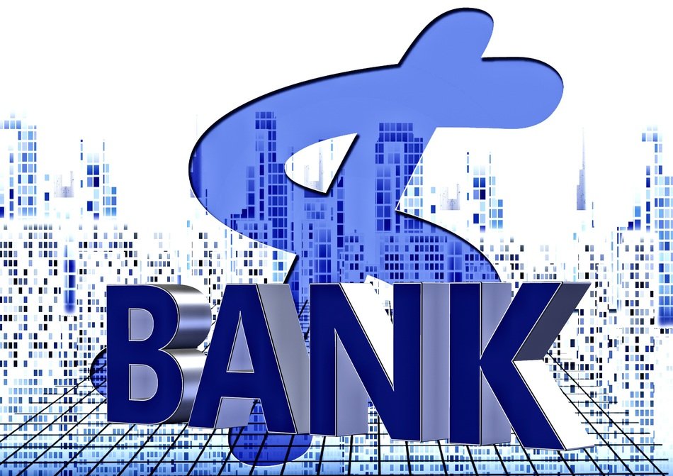 bank, dollar sign behind lettering, illustration
