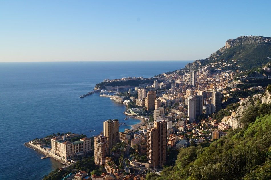 view of city on mountain at sea, monaco, monte carlo