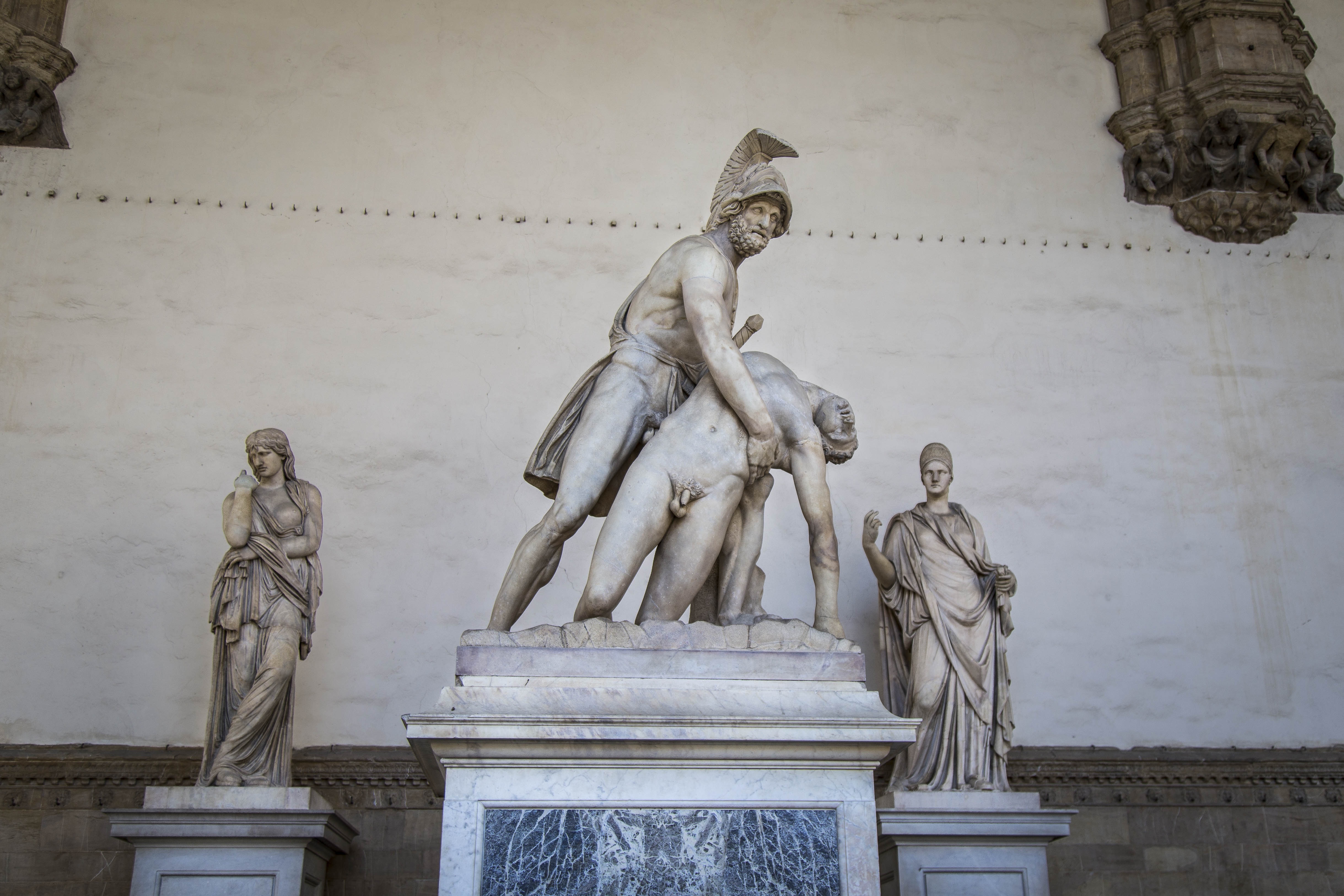 Menelaus supporting the body of Patroclus, marble statue in the Loggia ...