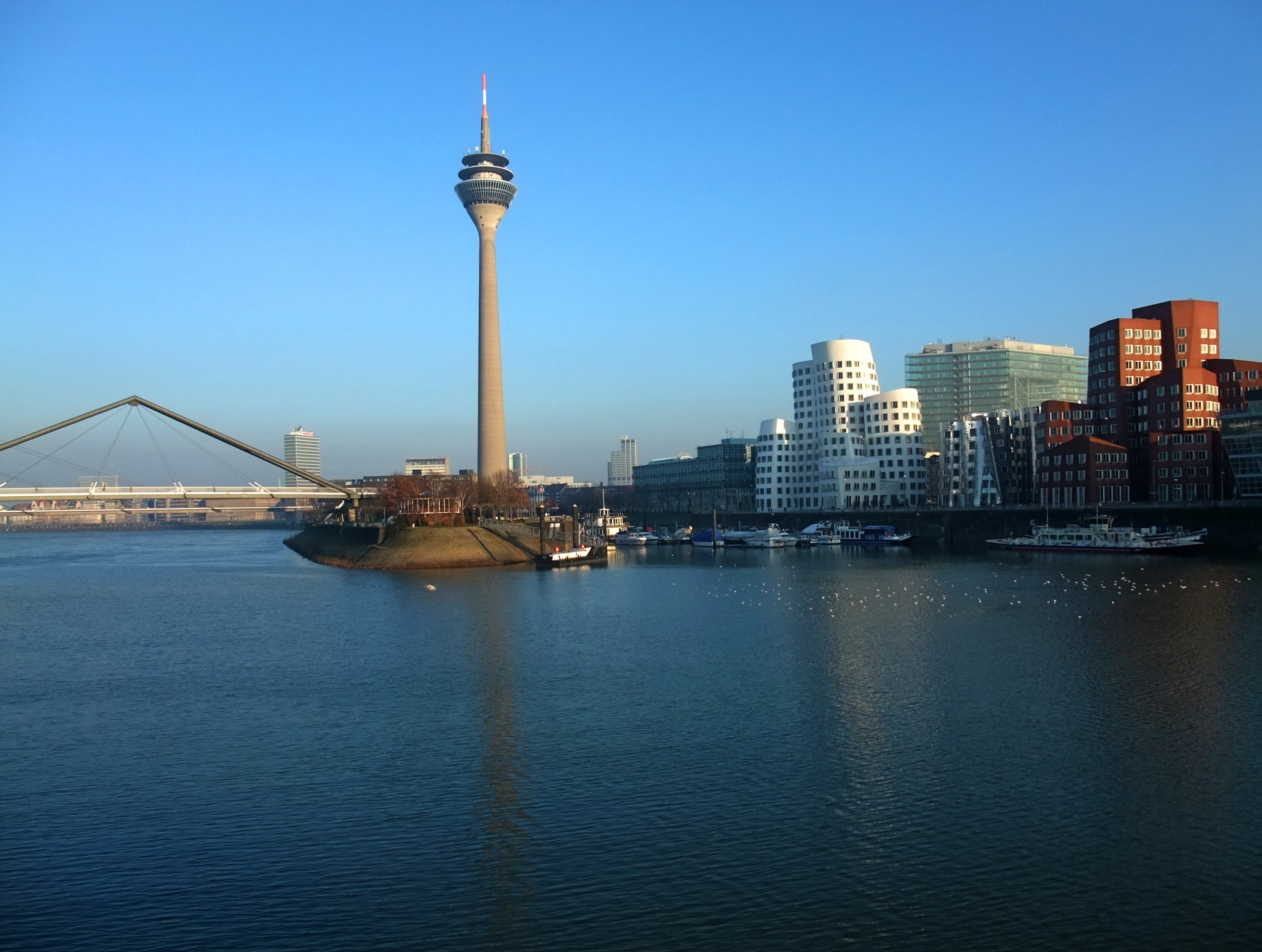 Bridge And Tv Tower On Media Harbour At Rhine River, Germany ...