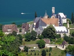 royal abbey of Hautecombe at summer, top view, France, Savoy, Saint-Pierre-de-Curtille