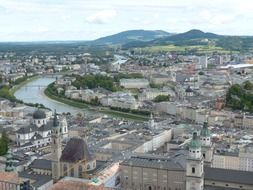 roof view of historic centre with landmarks at summer, austria, salzburg