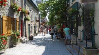 people walking on beautiful alley in old town, canada, quebec, quebec city