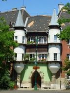 colorful art nouveau facade with bay windows, hungary, budapest