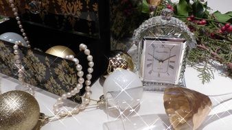 crystal framed clock and christmas decorations