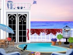 cute patio with swimming pool at seaside, illustration