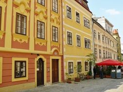 row of brigh paintd old houses, austria, vienna