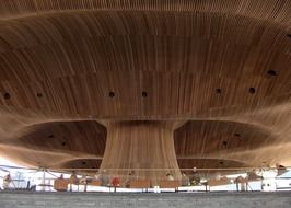 people resting under red cedar ceiling and funnel in the Welsh National Assembly building, uk, Wales, cardiff bay