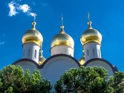 view of the golden domes of of the Christian church in Russia