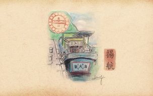 vintage oriental boat at pier, sketch