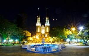 St. John the Baptist Cathedral on plaza at night, brazil, Santa Cruz do Sul