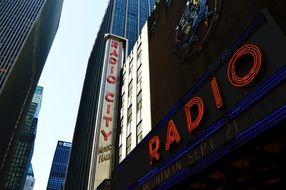 radio, neon lettering on facade, usa, new york city