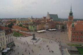 top view of market place and castle in old town, poland, warsaw