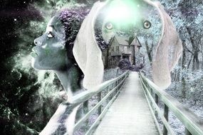 woman and dog faces at bridge, fantasy collage