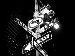direction signs on pile in night city, usa, nyc, times square