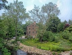 old building in park at river, usa, new york city, bronx