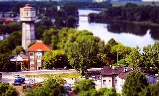road in old town at river, poland, kruszwica