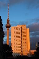 tv tower on alexanderplatz at evening, germany, berlin