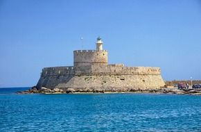 fort of saint nicolas on the end of Mandraki Harbor in greece, rhodes