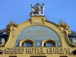 grand hotel europe, lettering on top of building, czech, prague