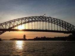 sydney bridge above city skyline at sunset, australia