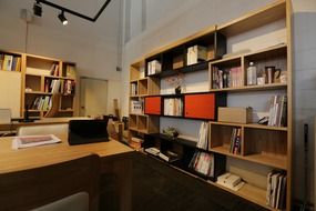 shelves and desk in office interior