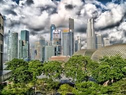 skyline of city with skyscrapers at clouds, singapore