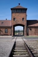 rail track through gates of Former German Nazi Concentration and Extermination Camp, poland, auschwitz