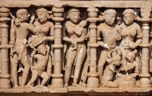 human figures, ancient stone carving, india, rajasthan, sikar