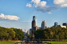 Washington Monument in park at skyscrapers, usa, pennsylvania, philadelphia