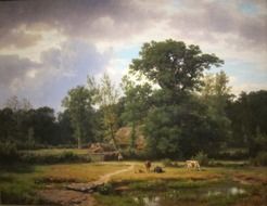 village landscape with cattle on meadow, oldtime painting