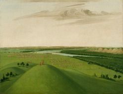 wigwams at river in rural landscape, george catlin painting, oil on canvas