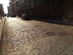 cobblestone pavement on street, usa, nyc,brooklyn, dumbo