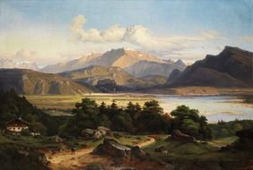 village in beautiful rural landscape at mountains, painting by george crola