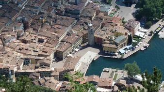 aerial view of old city with port, italy, riva del garda