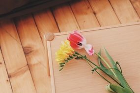 spring flowers on wooden table