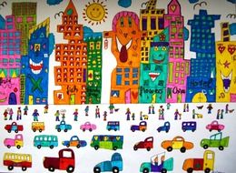 cartoon bright painted autos in city, artwork