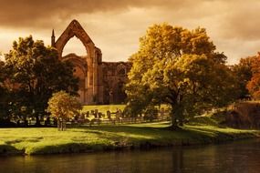 graveyard at medieval bolton abbey ruin, uk, england