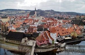 top view of old town at winter, czech, krumlov