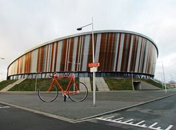 bicycle sculpture on street at omnisport velodrome, netherlands, Apeldoorn