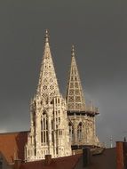 spires of ulm cathedral towers at thundery clouds, germany, mÃ¼nster