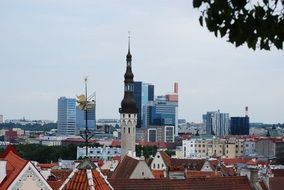 tile roofs of old buildings at modern city, estonia, tallinn