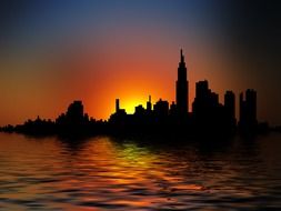 silhouette of modern city at water, sunset skyline