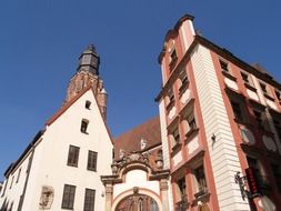 garrison church tower at hansel and gretel houses, poland, wroclaw