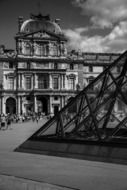 black and white picture of Louvre pyramid